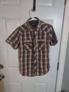 Boys' Plaid Short-Sleeve Button-Down Shirt - Gray & Orange Size Large